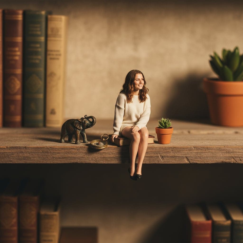 Hyper-miniature transformation - Hyper-realistic miniature person on bookshelf with accurate scale comparison to objects