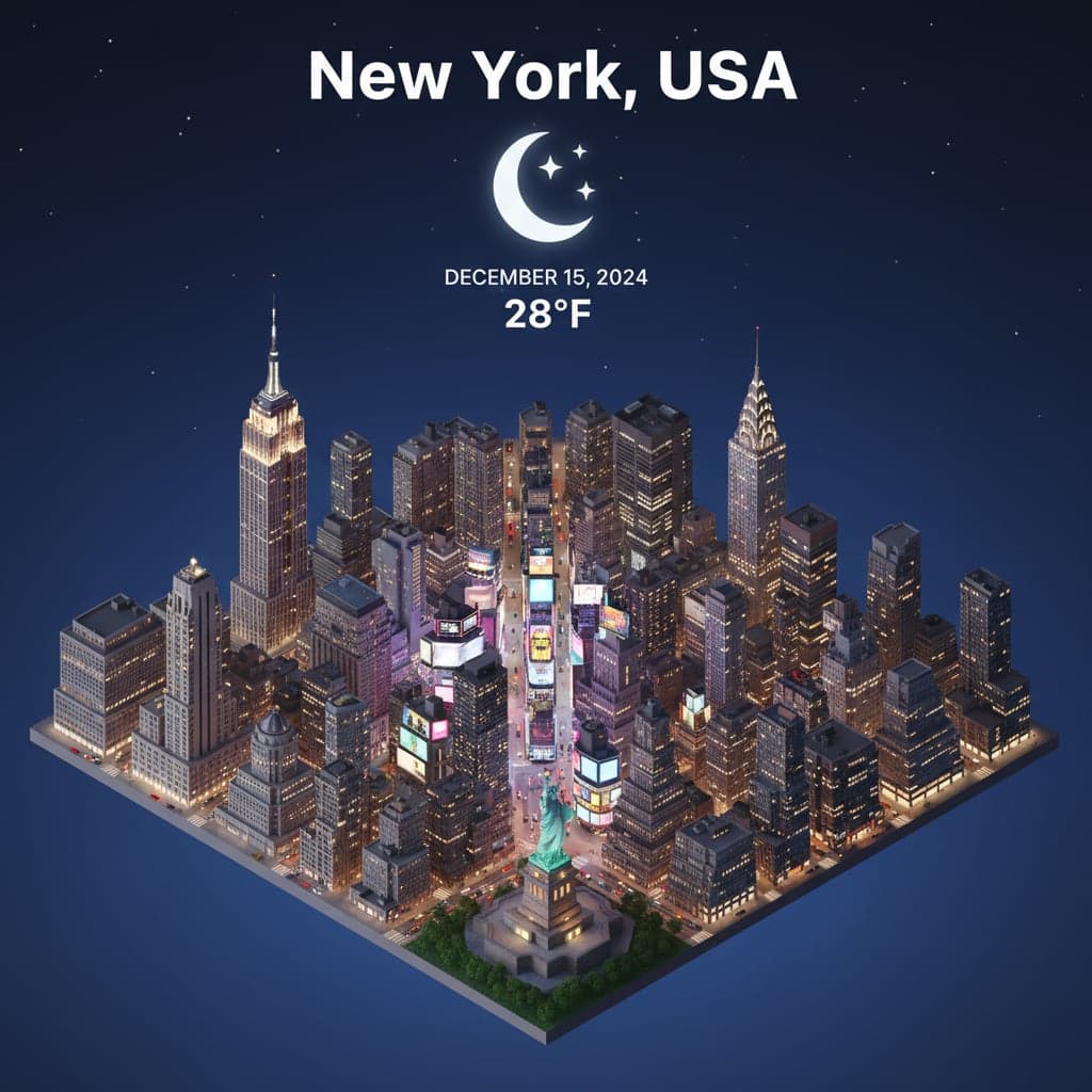Isometric city scene of New York, USA with Night weather