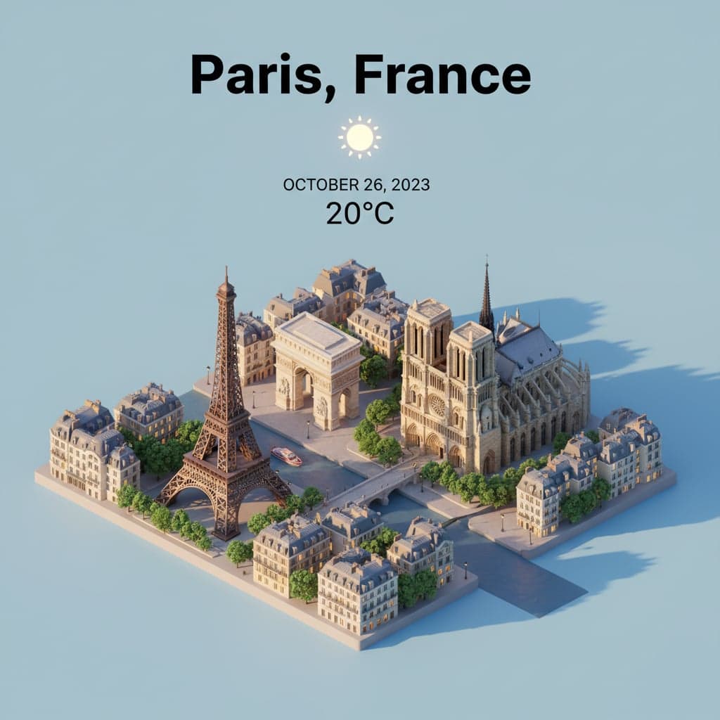 Isometric city scene of Paris, France with Golden Hour weather