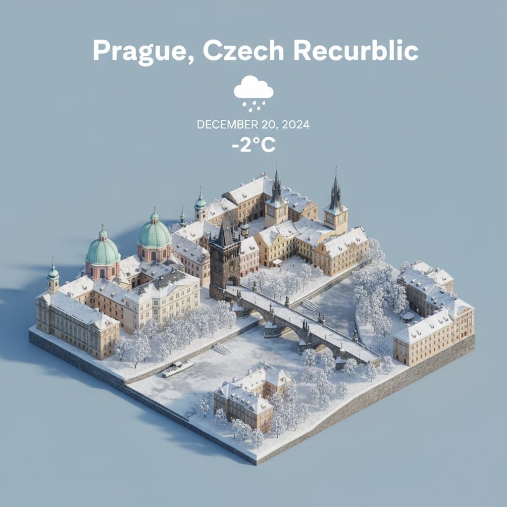 Isometric city scene of Prague, Czech Republic with Snow weather