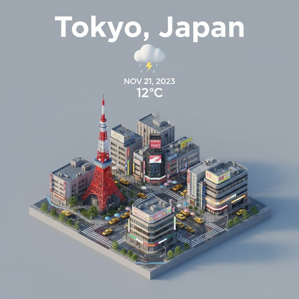 Isometric city scene of Tokyo, Japan with Rain weather