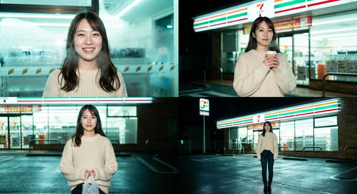 Konbini portrait - woman at 7-Eleven with visible breath, 2x2 grid