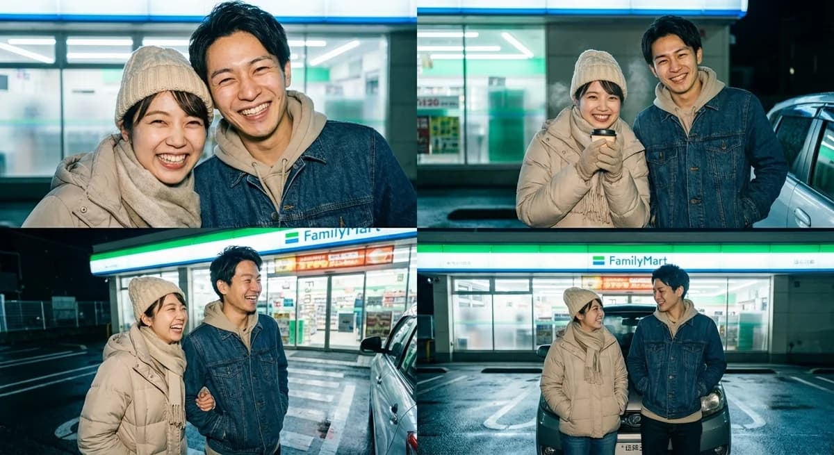 Konbini portrait - couple at generic konbini, cold night 2x2 grid