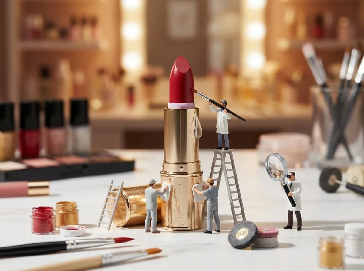 Lipstick with miniature workers - Miniature workers precision painters applying finish