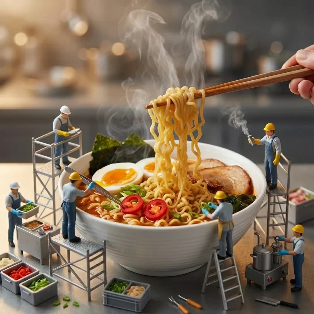 Instant Noodles with miniature workers - Miniature workers repositioning toppings construction