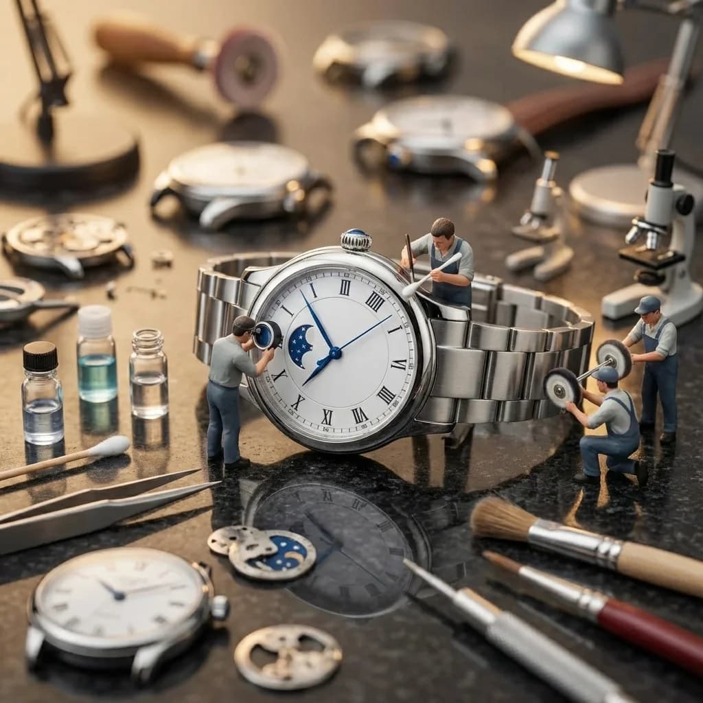 Timepiece with miniature workers - Miniature workers technicians with magnifying scopes