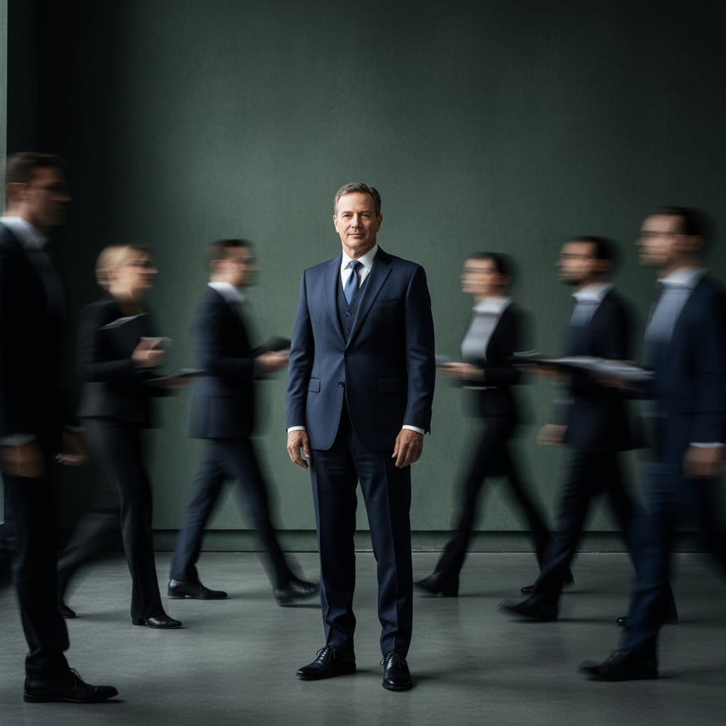 Professional motion blur portrait showing sharp focused subject with blurred moving figures in background