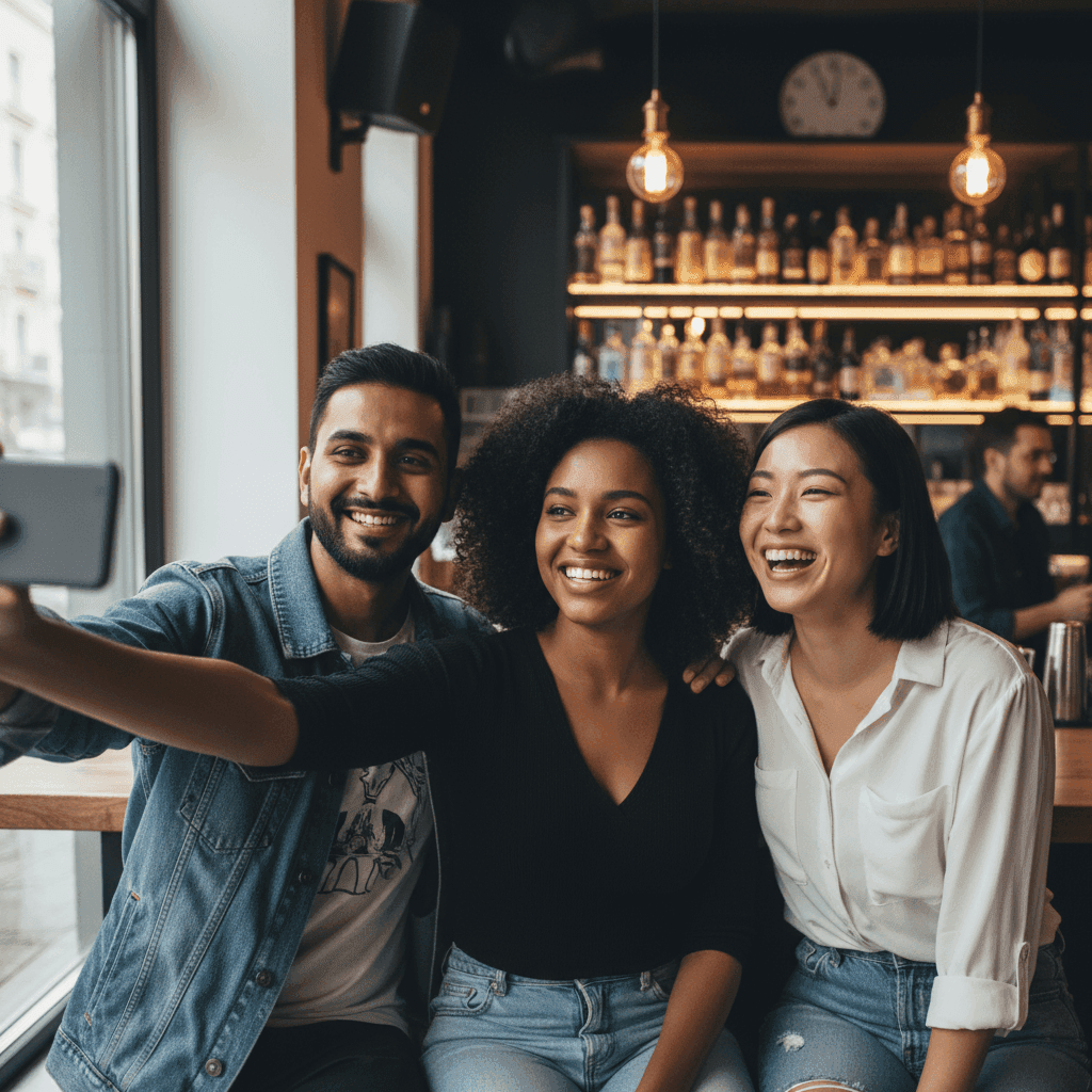 Modern group photo before Old Hollywood transformation - 3 people casual selfie