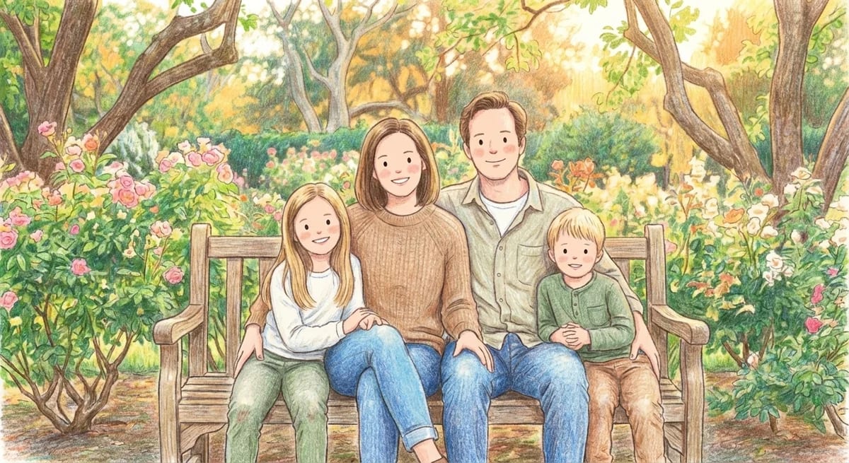 Colored pencil storybook illustration of family photo