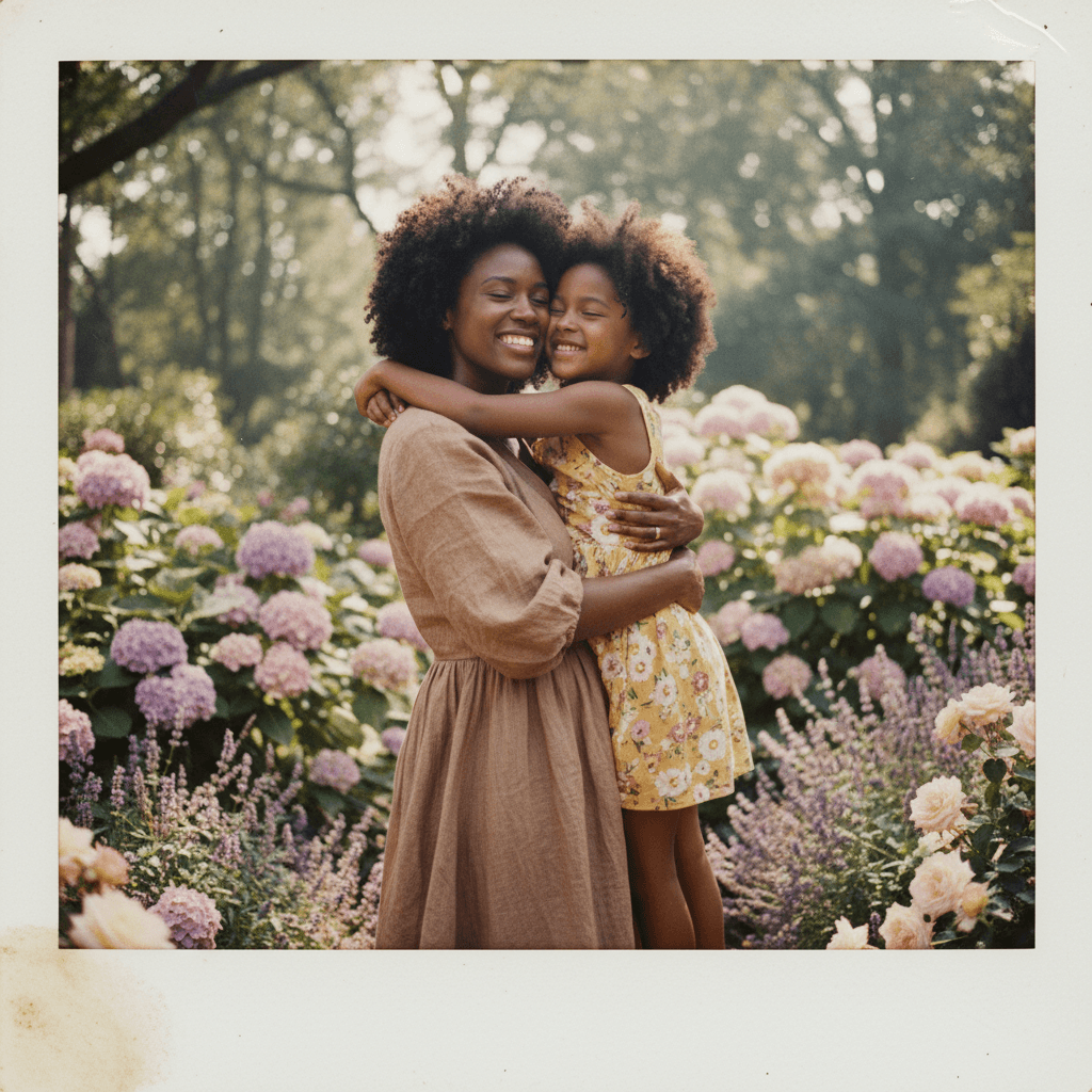 Woman holding hands with younger self - AI generated memory