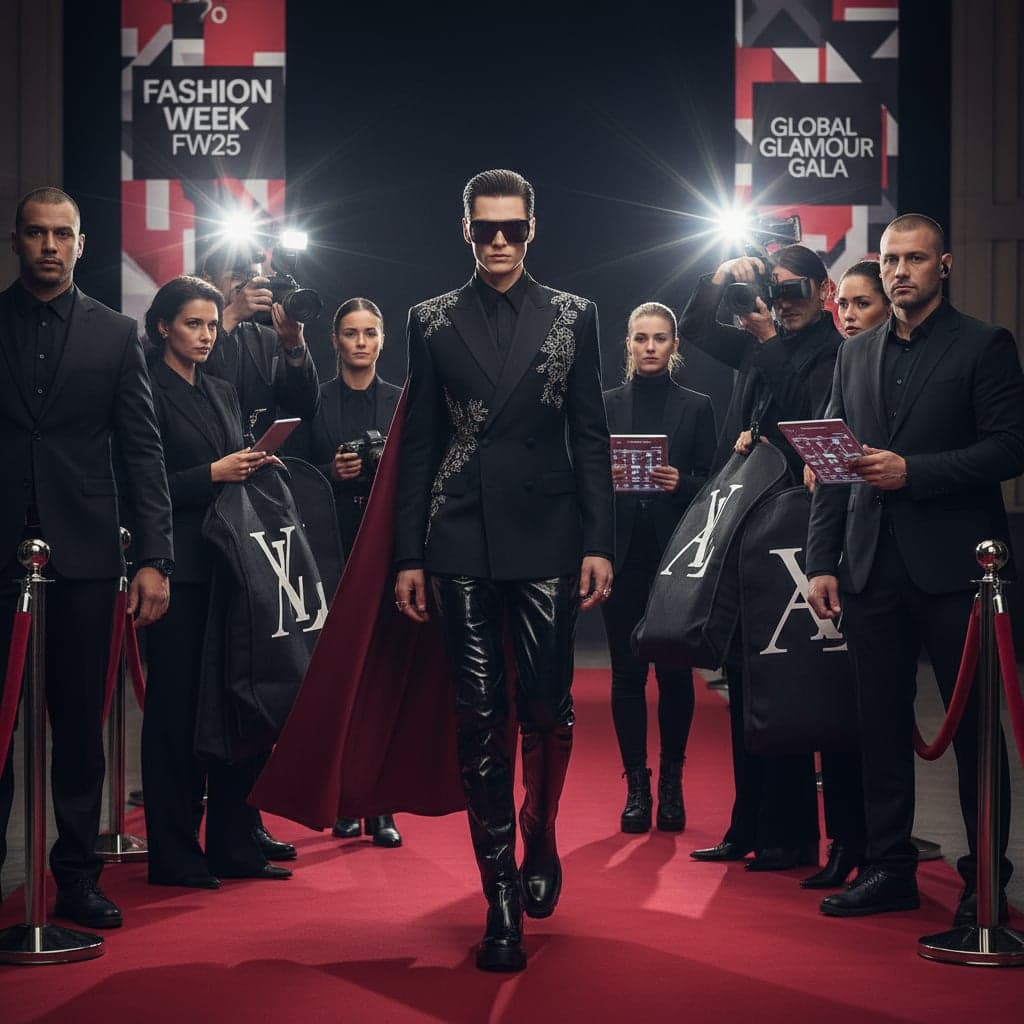 Fashion icon runway walk with stylists and photographers