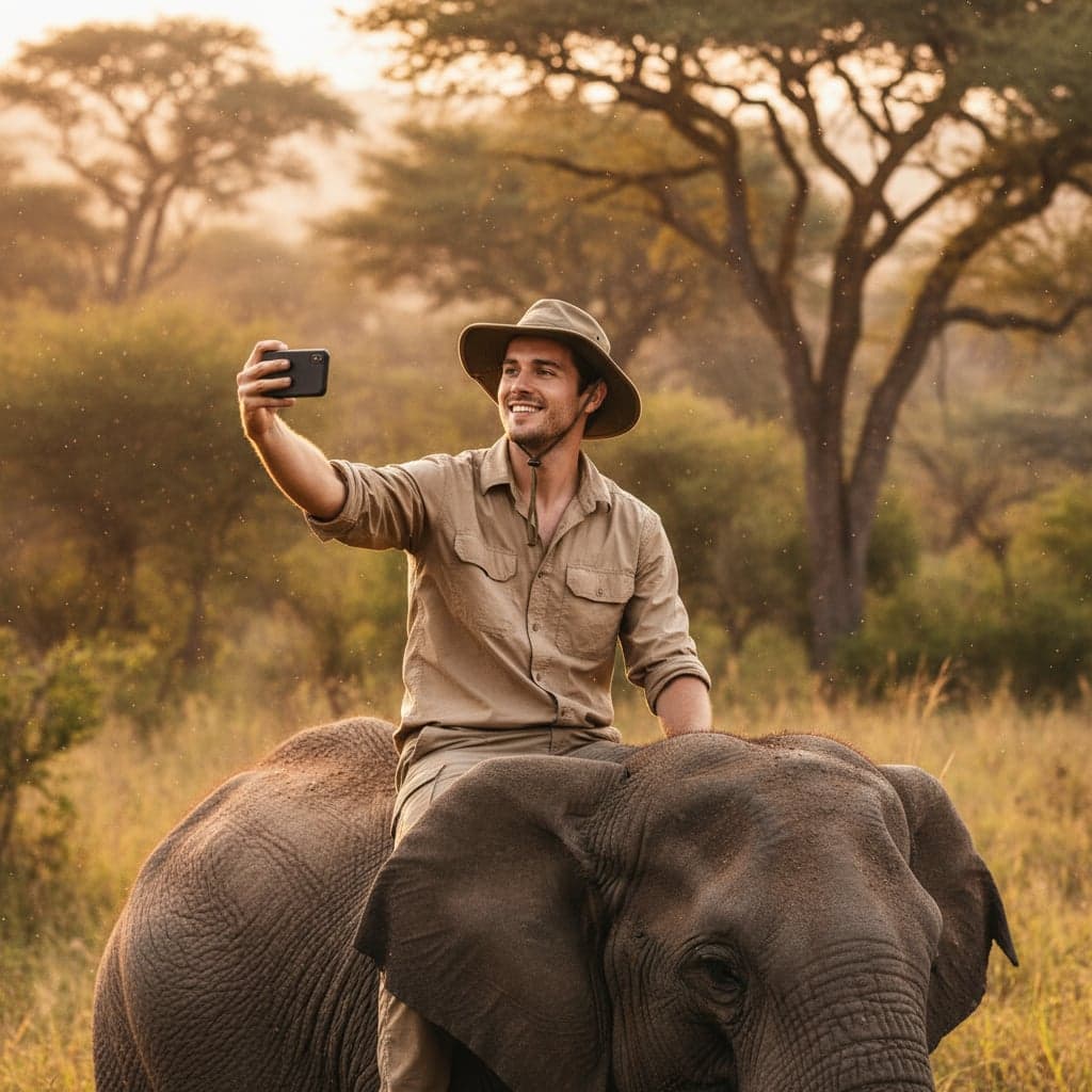 Ultra-realistic elephant safari adventure photo with lush African jungle background - AI generated