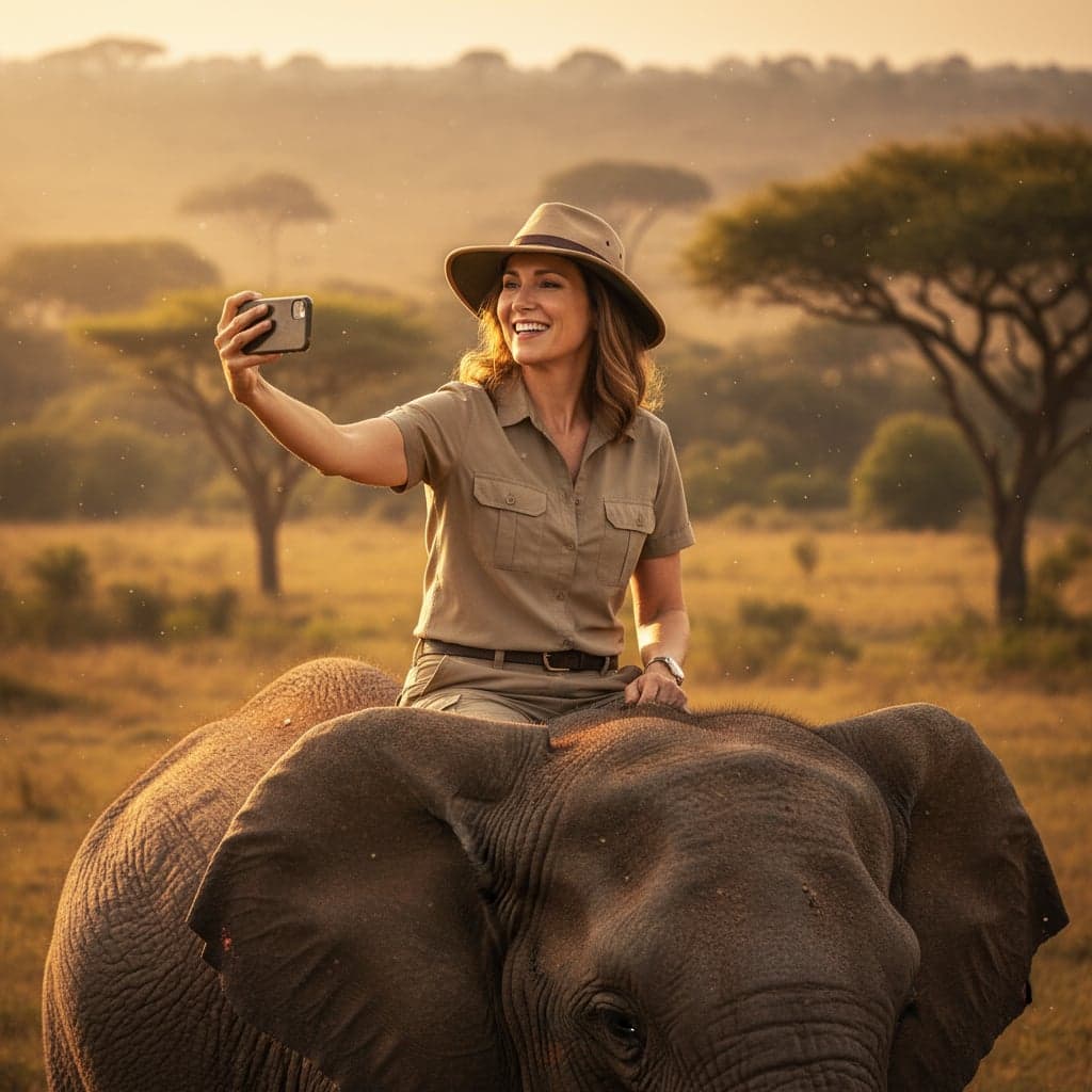 AI safari photo showing rider atop elephant with authentic safari gear and jungle setting