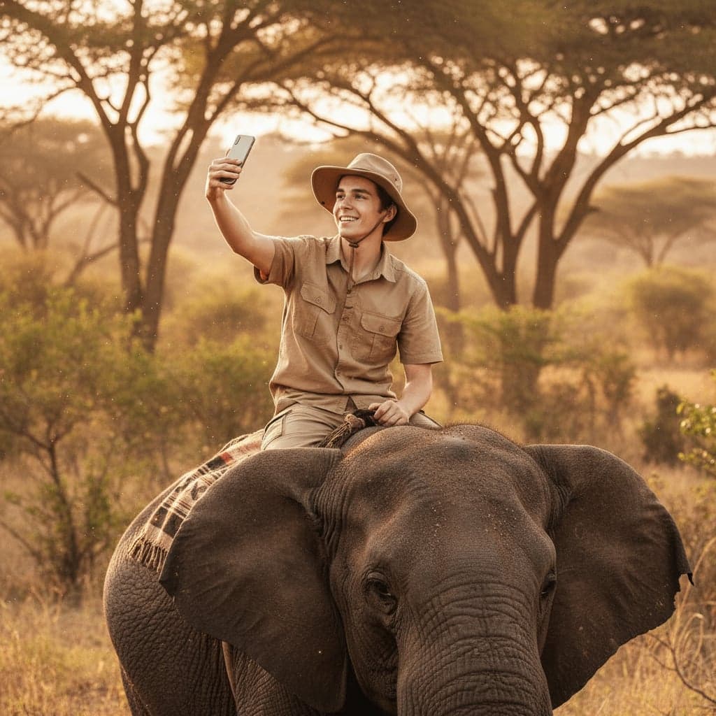 Cinematic elephant jungle safari photo with dust particles and bokeh effects - AI generated