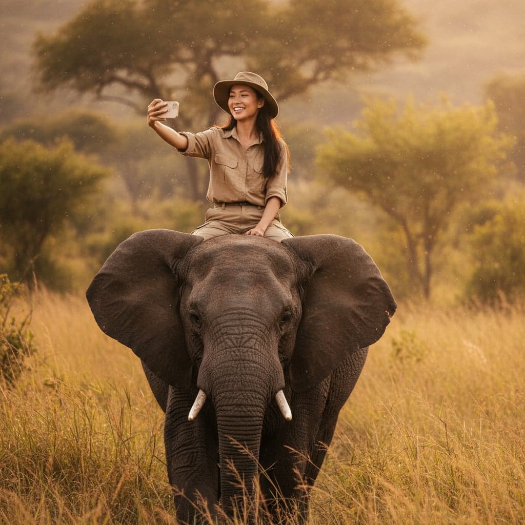 AI elephant safari photo with acacia trees and atmospheric golden hour lighting