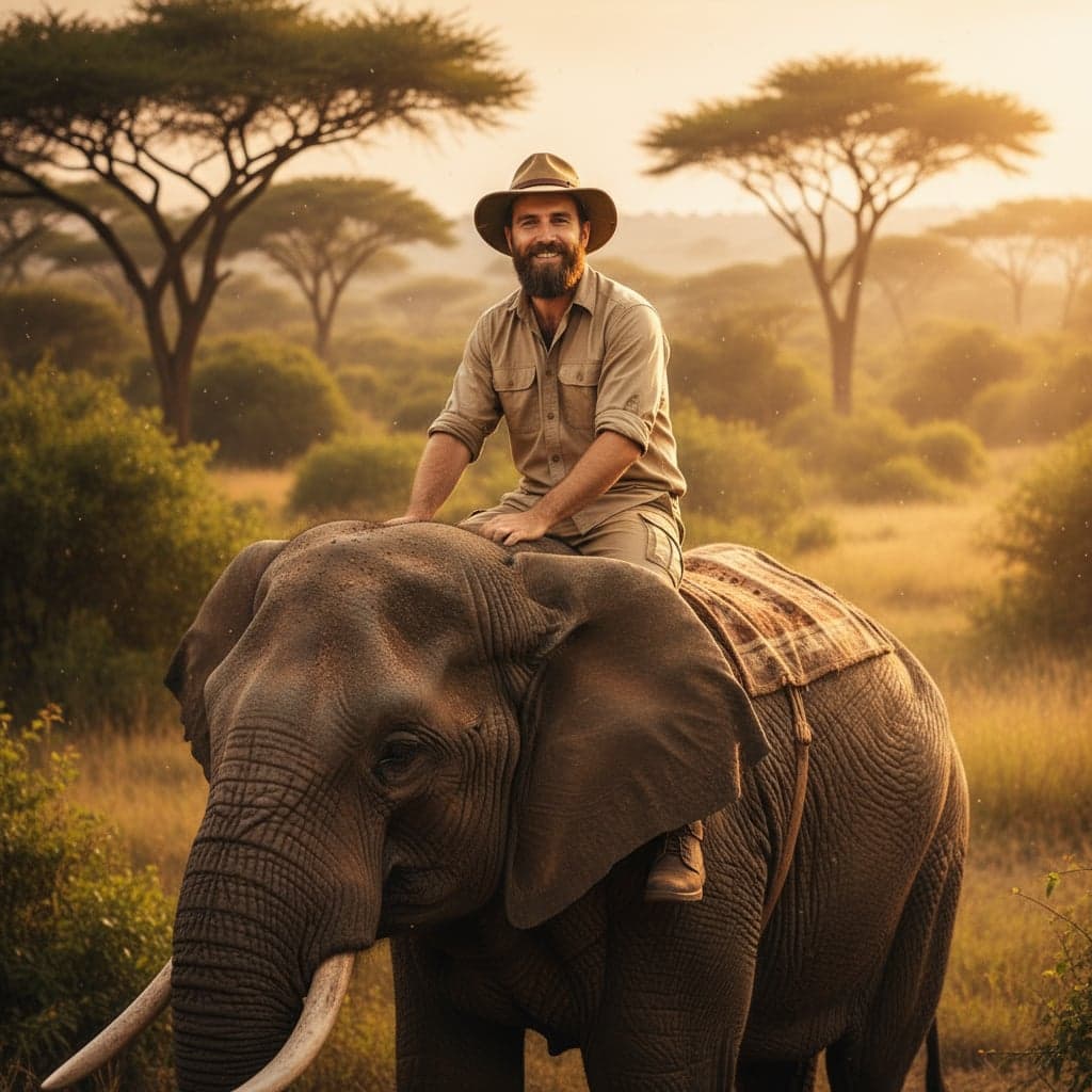 Epic safari adventure photo with elephant, authentic safari outfit, and jungle atmosphere - AI