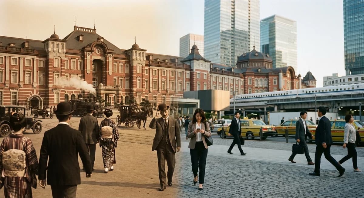 historical vs modern photo of Tokyo Station