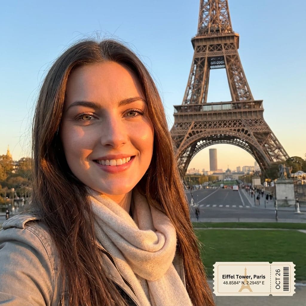 AI tourist selfie at Eiffel Tower with check-in style watermark, golden hour