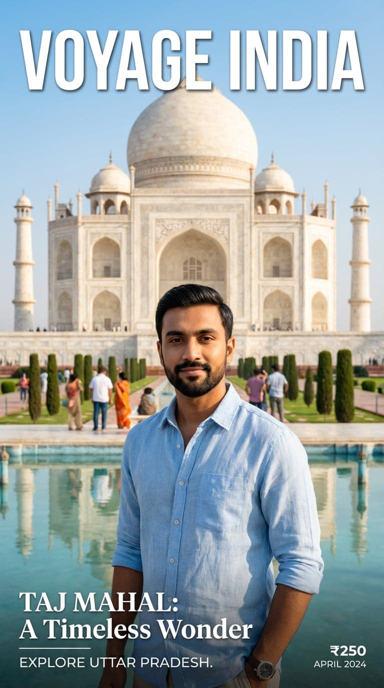 Tourist selfie generator example at Taj Mahal, magazine cover style layout