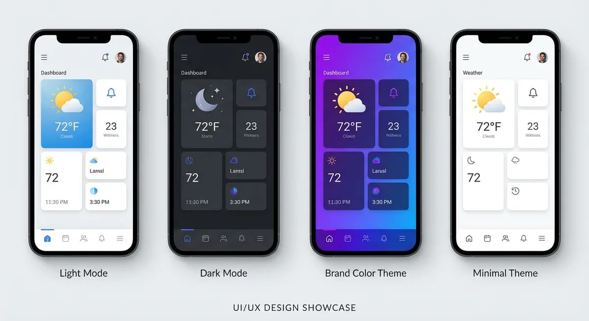 UI mockup generator showing app interface with multiple theme variations
