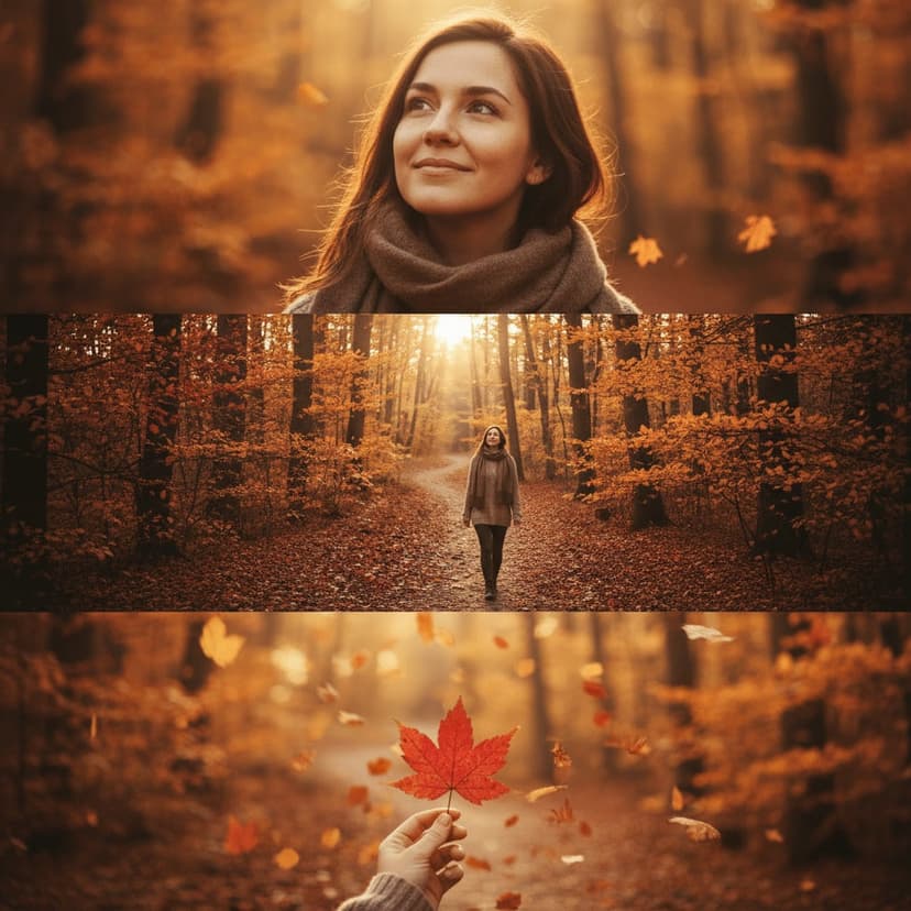 Vertical triptych capturing autumn nostalgia - portrait with falling leaves, forest path, leaf detail in hair