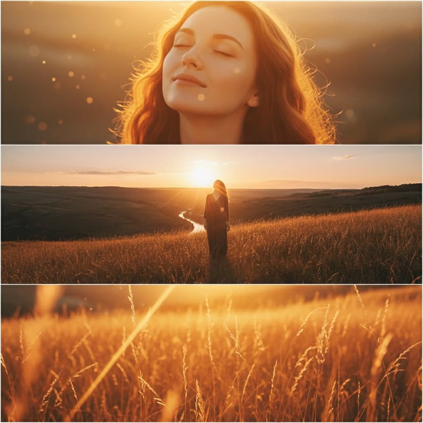 Vertical triptych showing golden hour moment - backlit portrait, field silhouette, sunlit profile detail