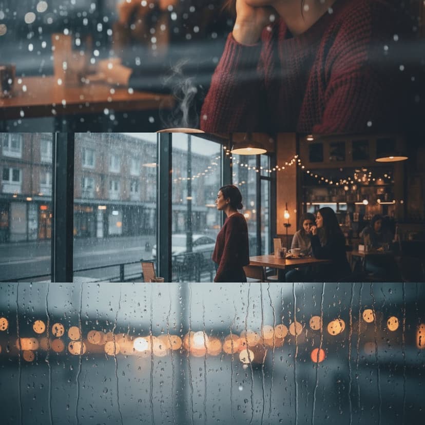 Vertical triptych depicting nostalgic rainy day - window portrait, apartment interior, hand on glass detail