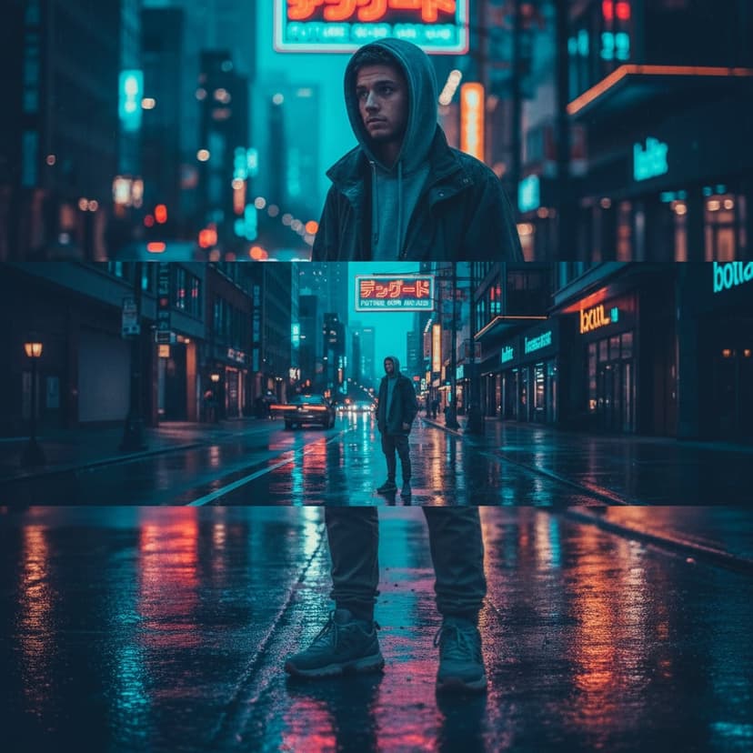 Vertical triptych depicting urban loneliness - street portrait at dusk, empty city street, sneakers on wet pavement