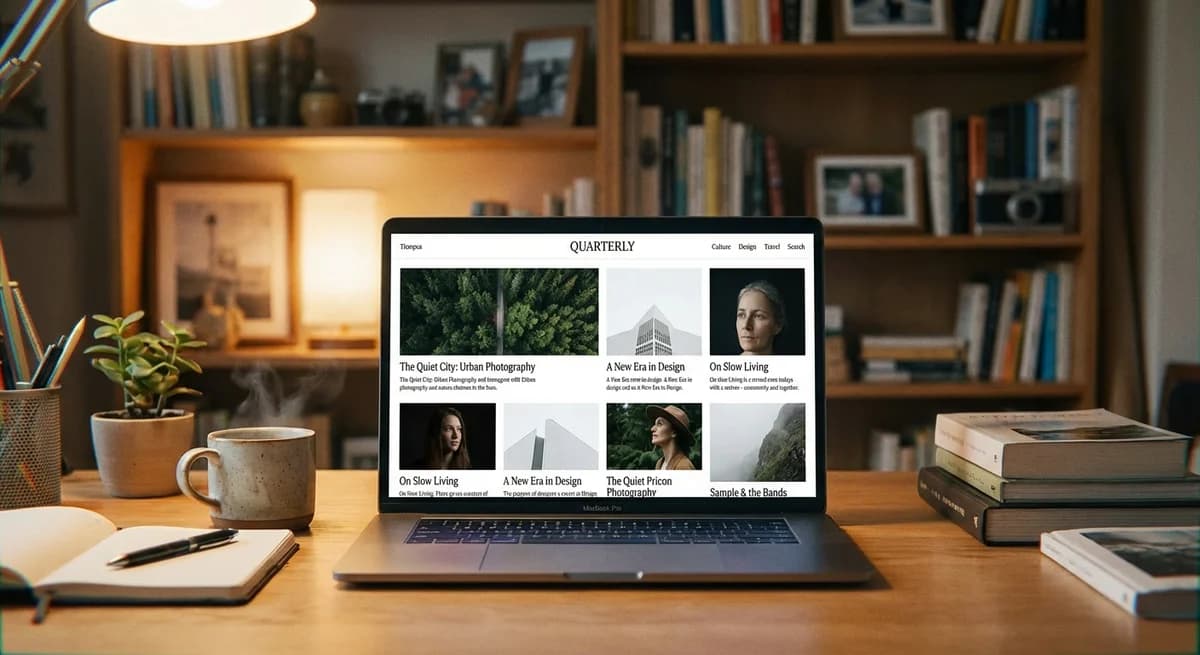MacBook mockup in cozy home office setting with website displayed
