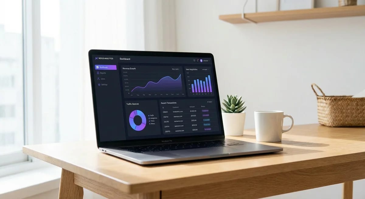 MacBook Pro mockup in modern minimal interior with SaaS dashboard displayed