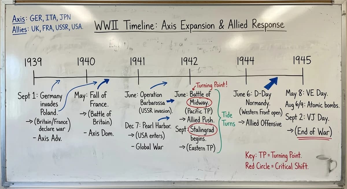 AI-generated whiteboard notes showing History Timeline