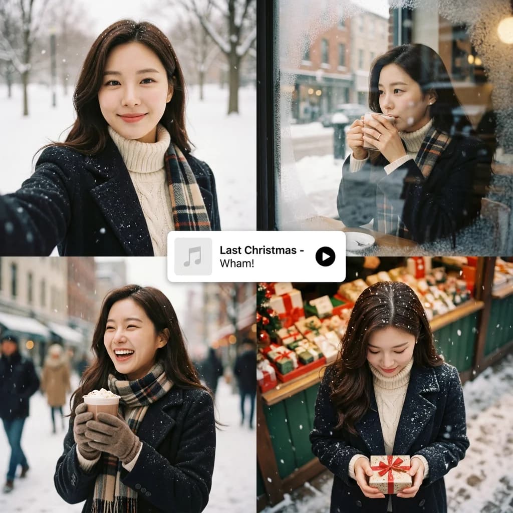 Winter collage example with shop window reflection, snowy street, and cozy cafe scenes