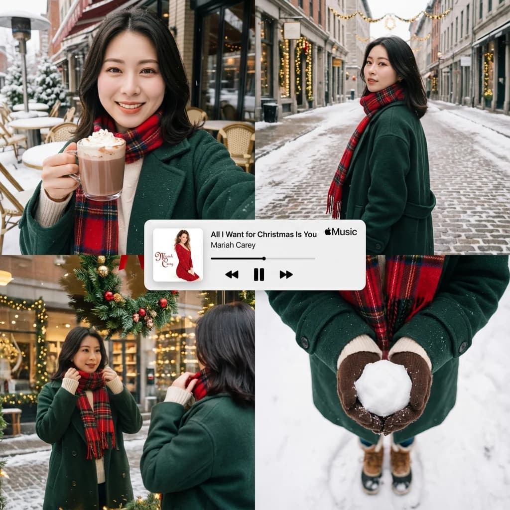 Editorial winter collage with fashion-forward winter outfit across four scenes