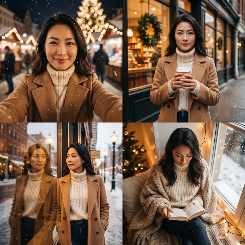 Night winter collage with Christmas lights and warm indoor lighting