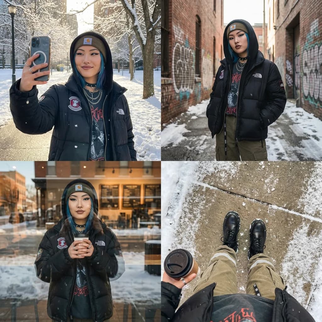 Daytime winter collage showcasing bright snow and sunny outdoor atmosphere