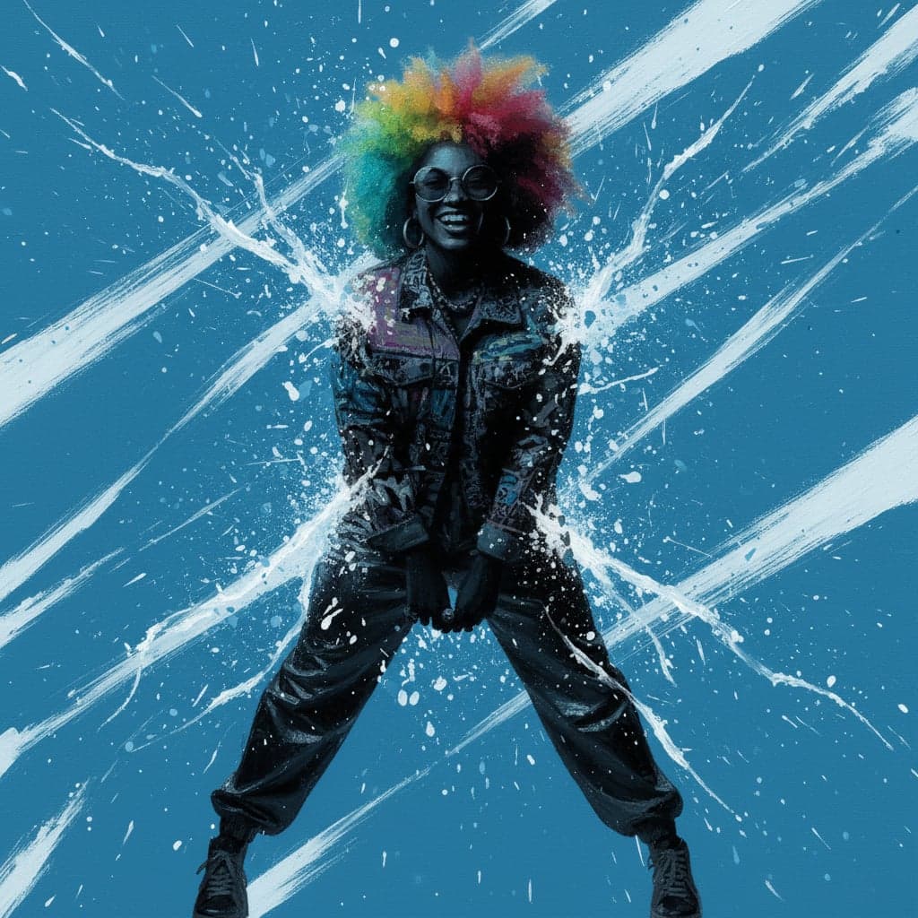 Pop artist portrait transformed into vibrant album cover with blue and white brushstrokes