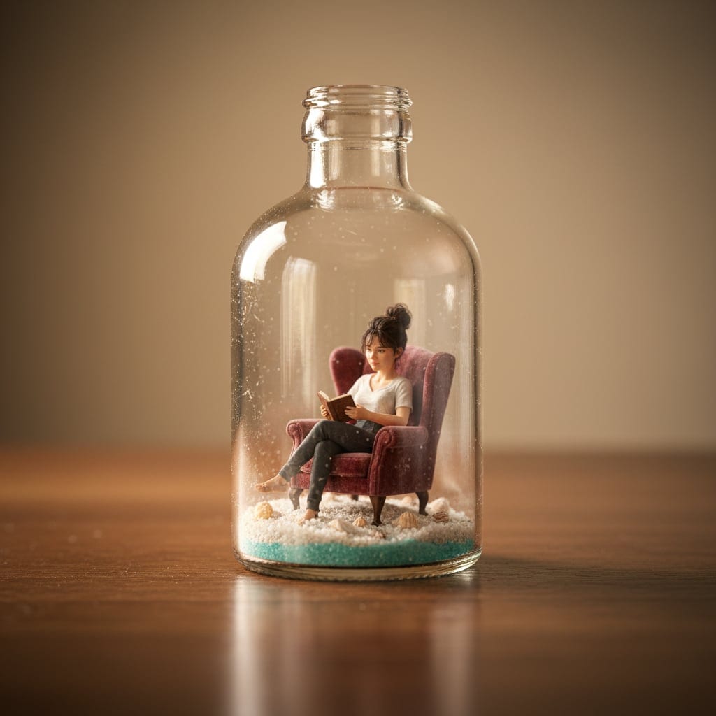 Bottle diorama transformation - person transformed into miniature world trapped in glass bottle