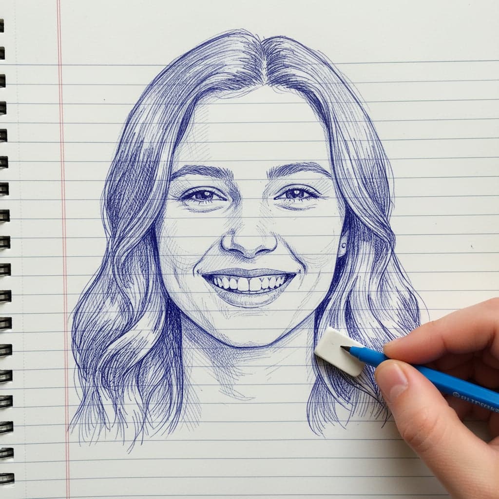 ink sketch portrait adult smiling with artist hand