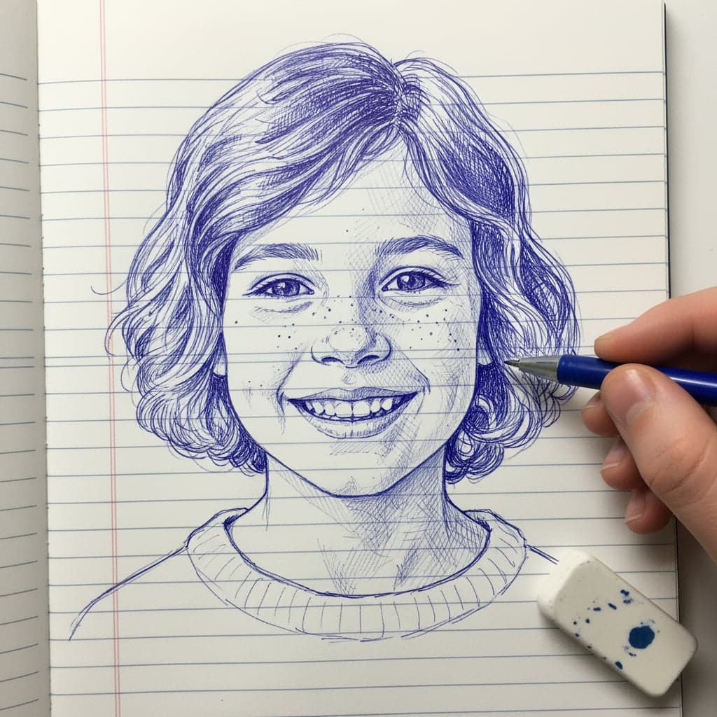 ink sketch portrait child with notebook background