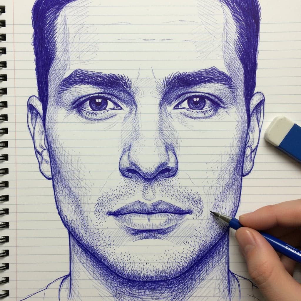 ink sketch portrait close-up with intricate details