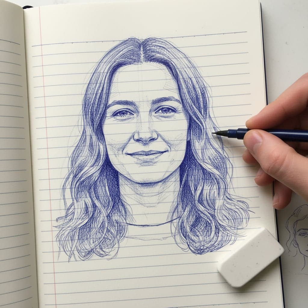 ink sketch portrait mid-shot composition with blue ink