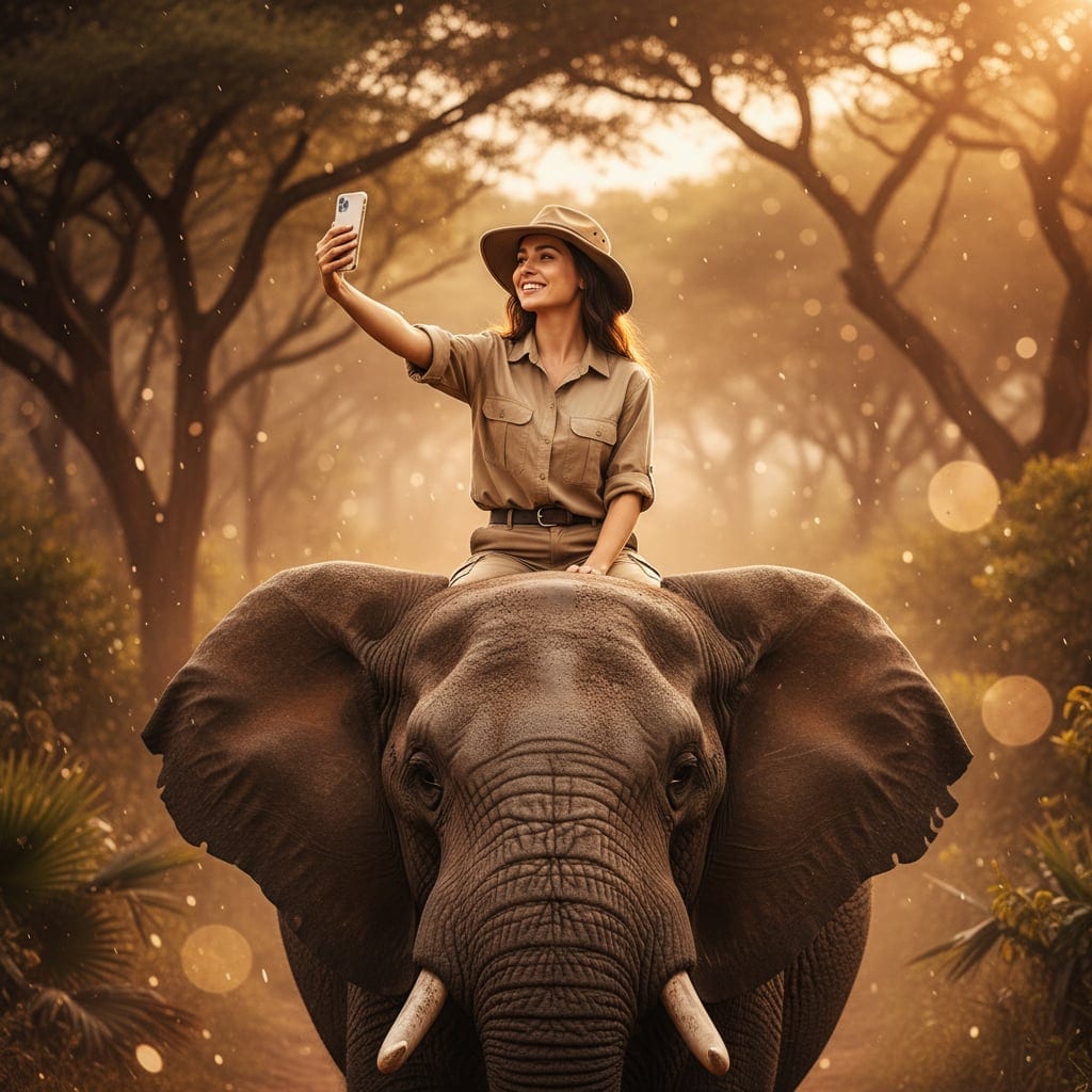 AI-generated elephant jungle safari photo showing transformation from selfie to cinematic safari adventure