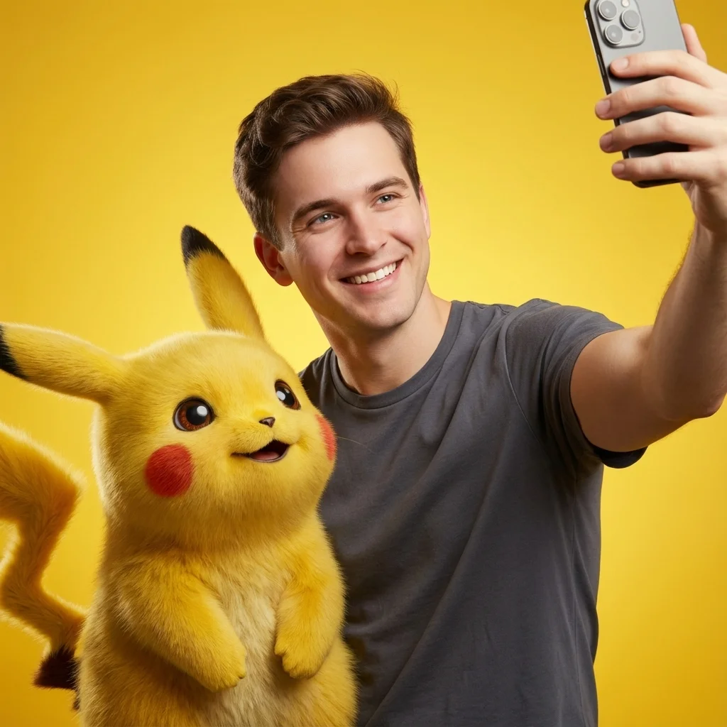 Pikachu cartoon character photo - Selfie with the electric mouse
