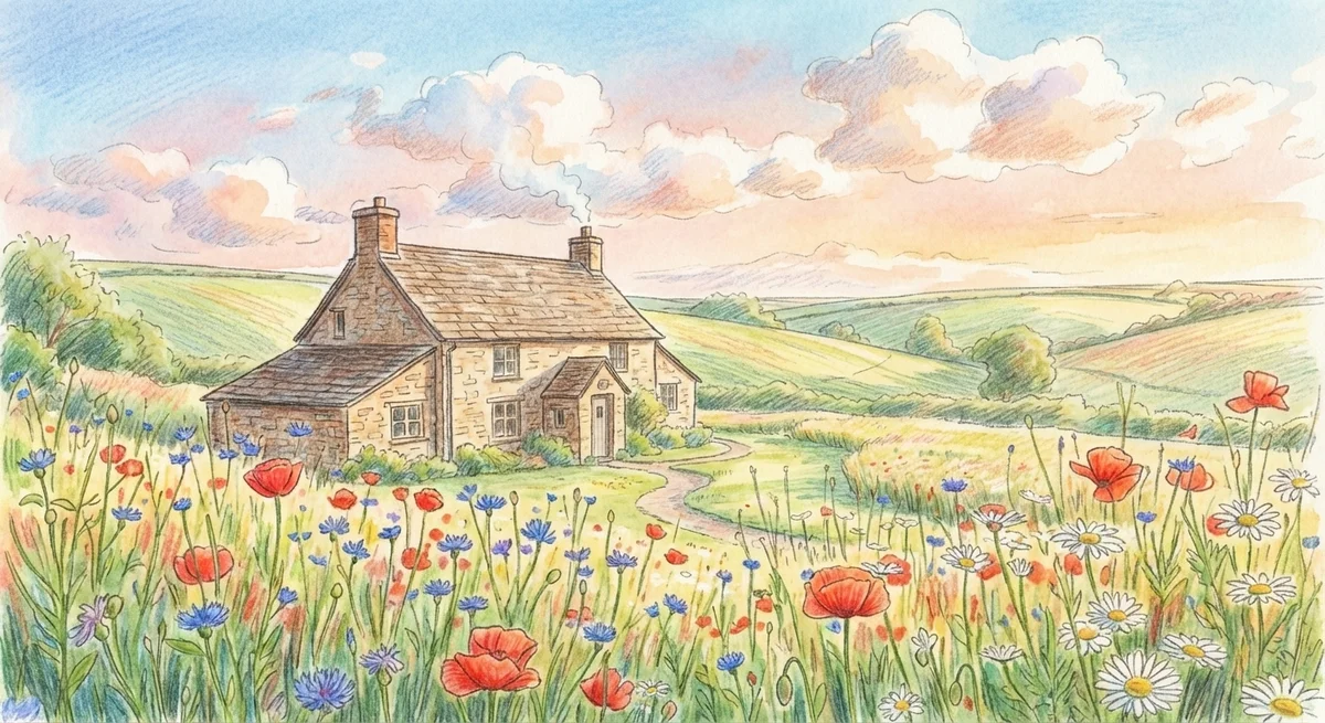 Nature scene with soft watercolor wash effect - colored pencil illustration result