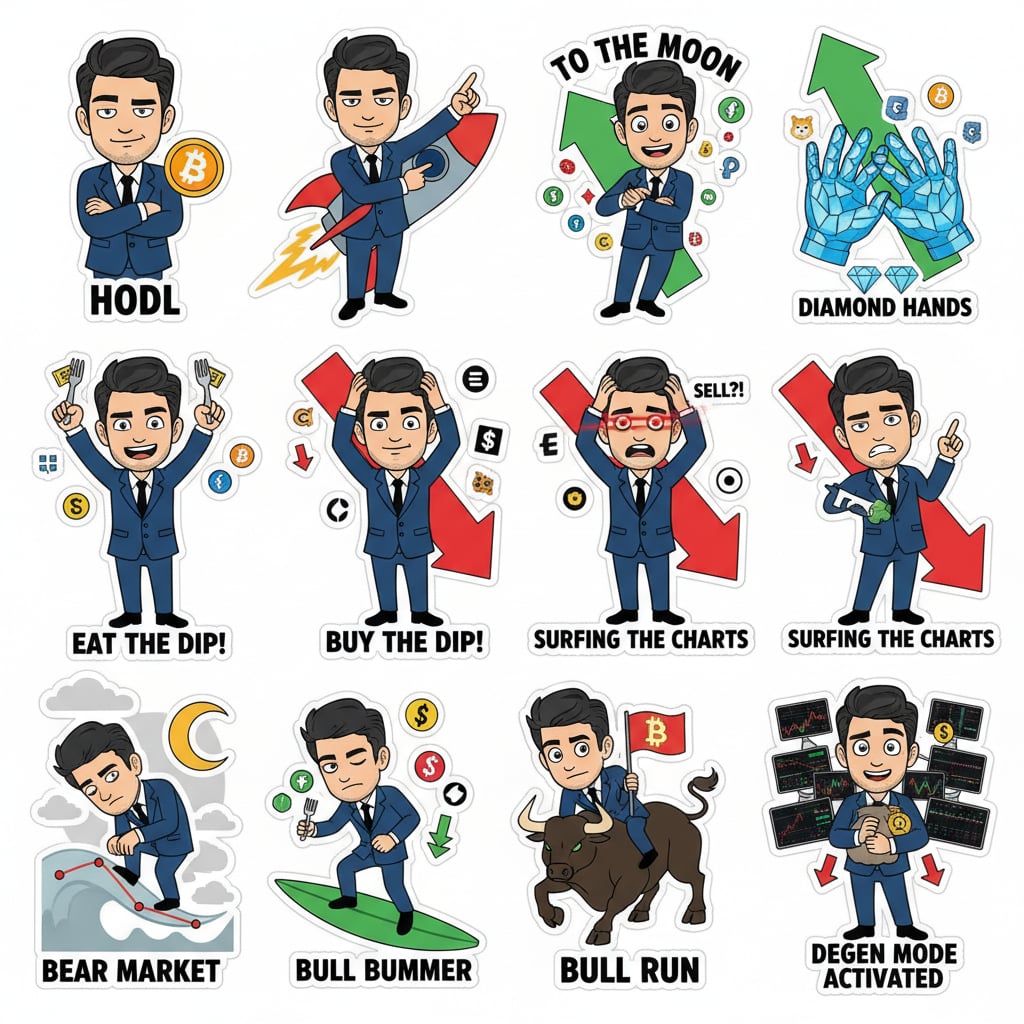 AI sticker maker example: crypto trader character pack for trading groups