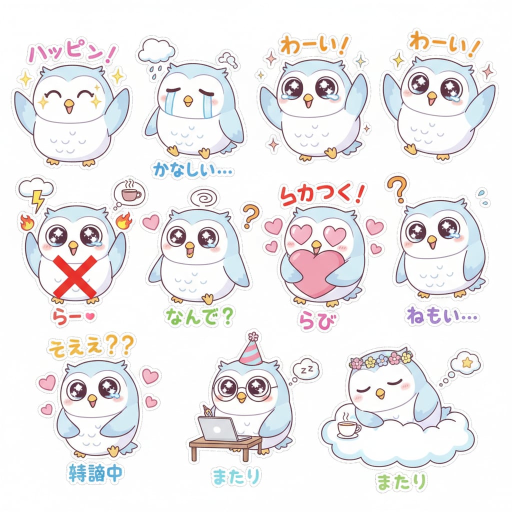 AI-generated cute owl sticker pack for high school girls showing 12 poses