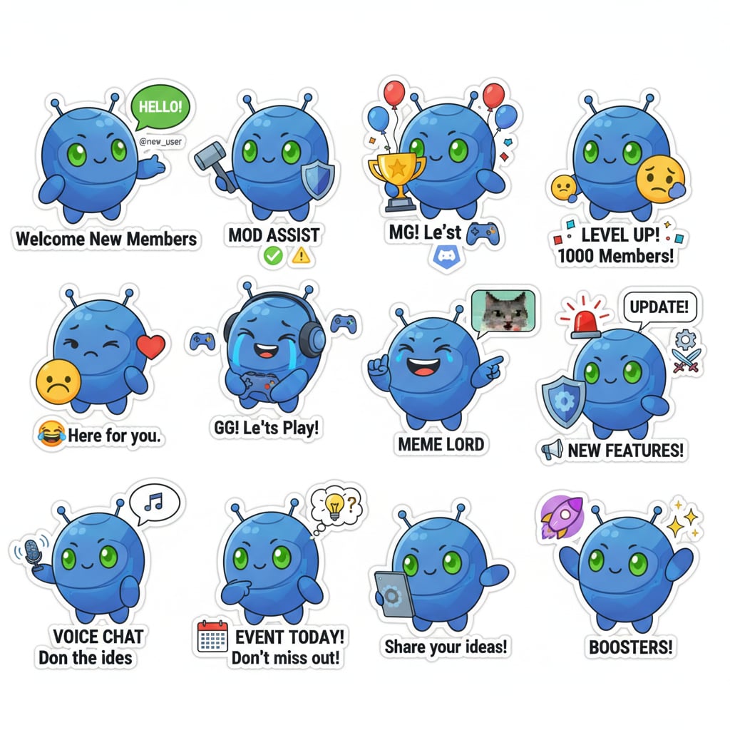 AI-generated Discord server bot mascot sticker pack for community managers