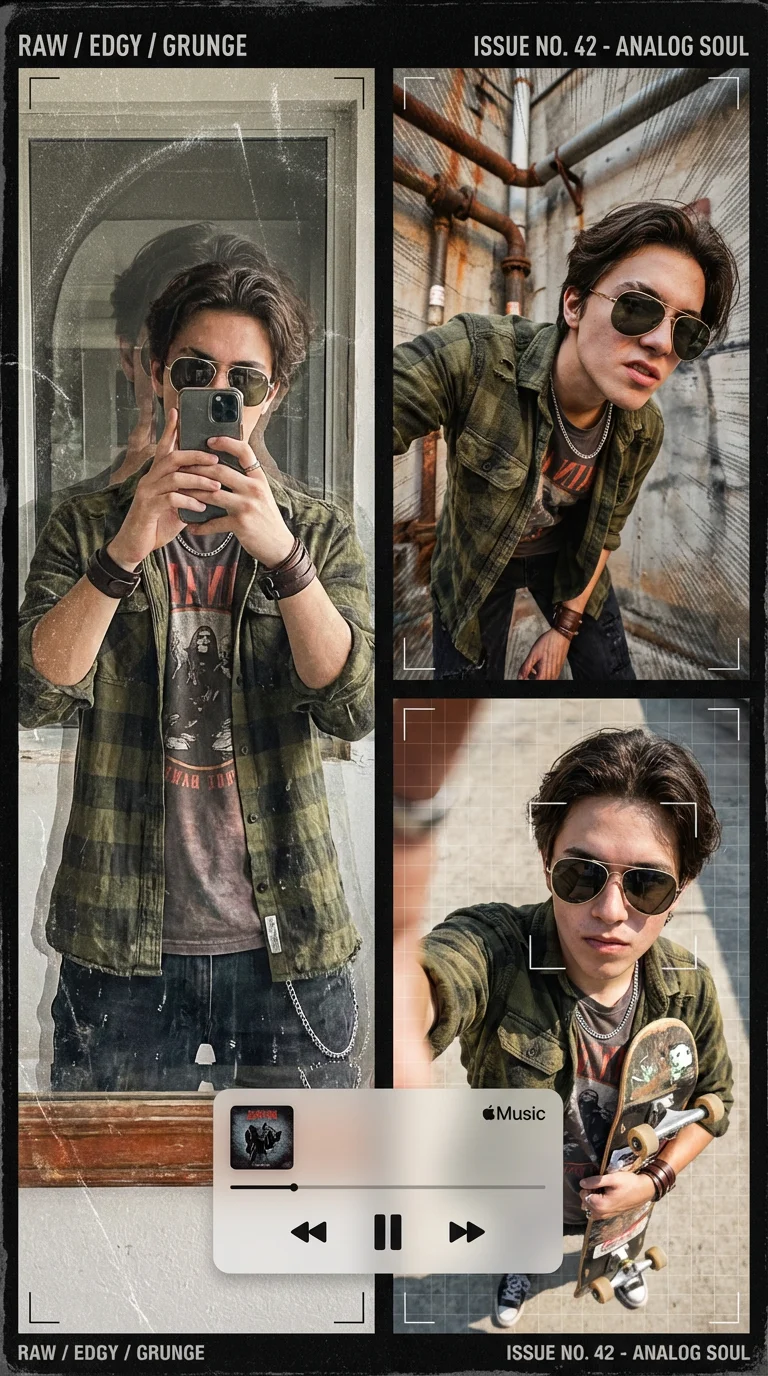 Grunge streetwear collage with raw textures and edgy layered fashion